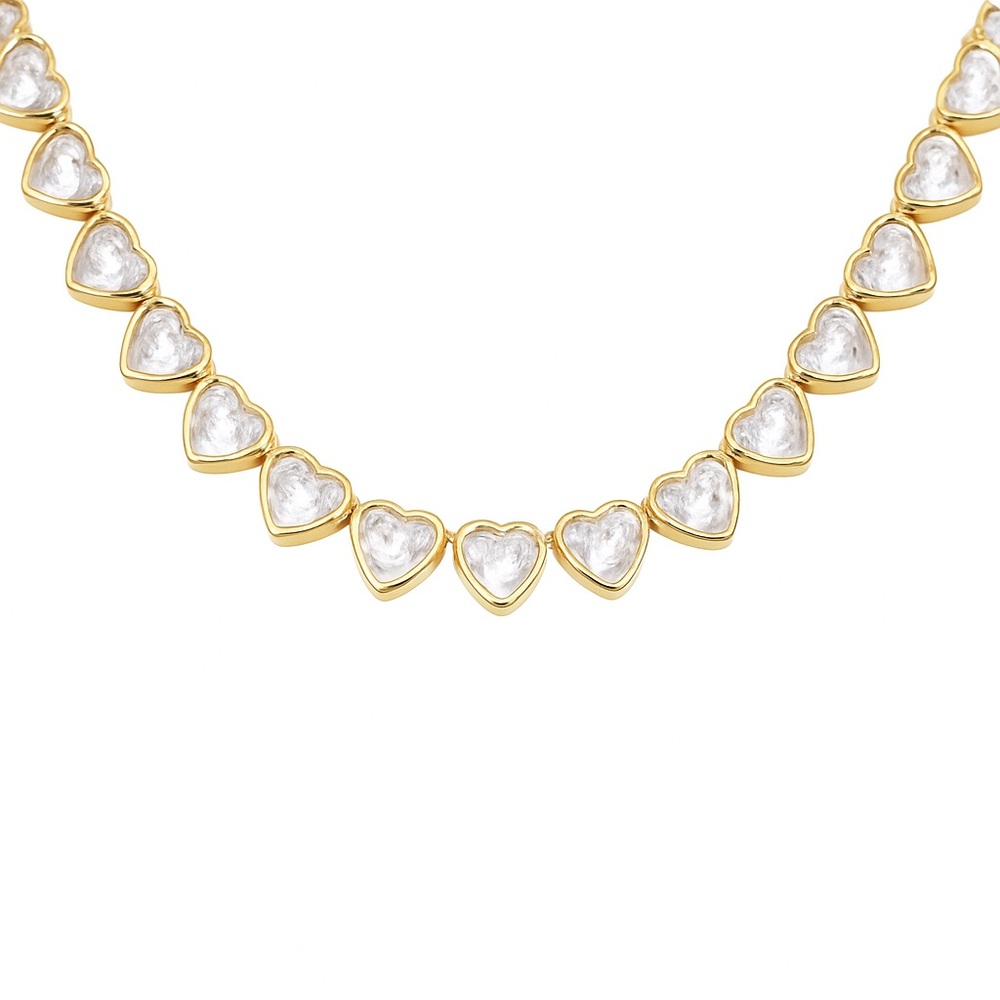 New Gold Plated Amore Bezel Heart Tennis Necklace - Picture 4 of 8